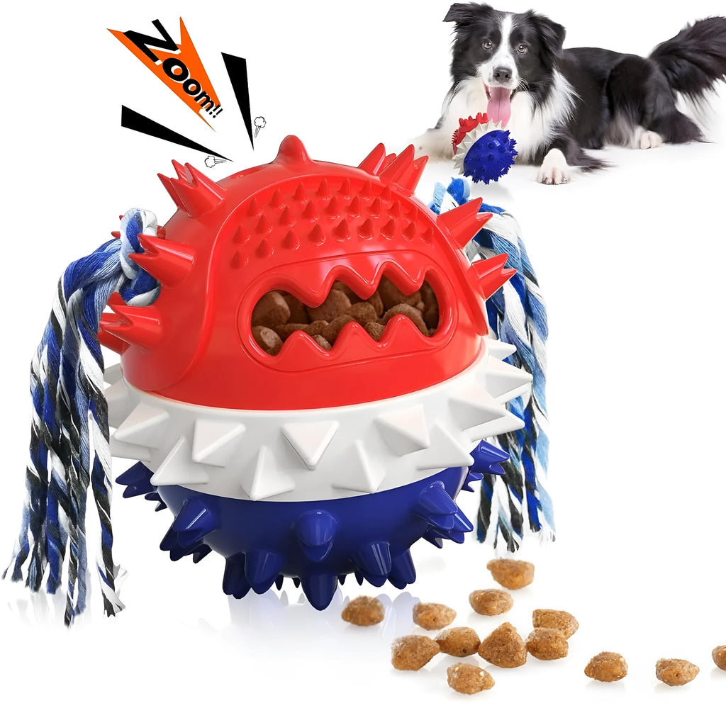 Blue and red TPR rubber squeaky dog toy with treat dispenser hole and textured surface
