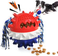Blue and red TPR rubber squeaky dog toy with treat dispenser hole and textured surface
