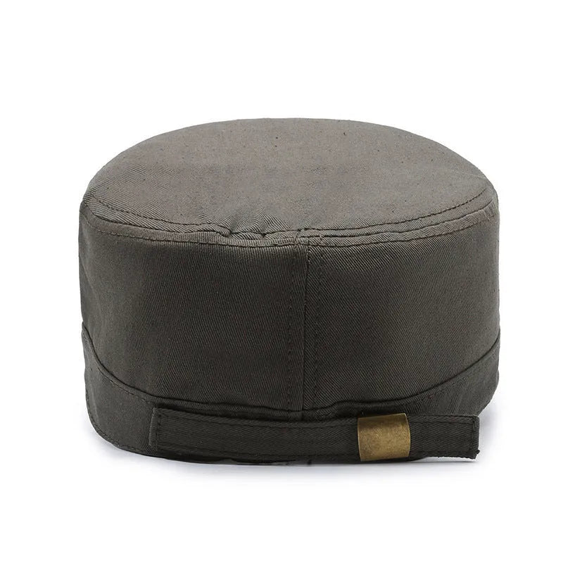 Men's flat-top dome peaked cap in cotton fabric on an adjustable strap, shown in khaki colour.