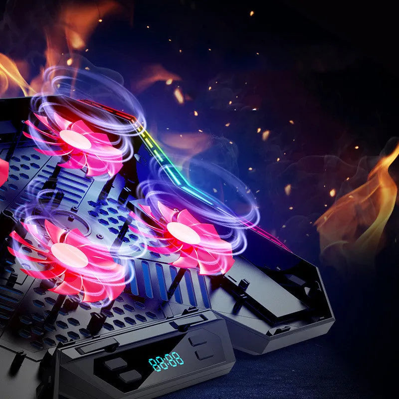 Black and red Ice Magic 6 notebook radiator with six cooling fans and a USB cable.