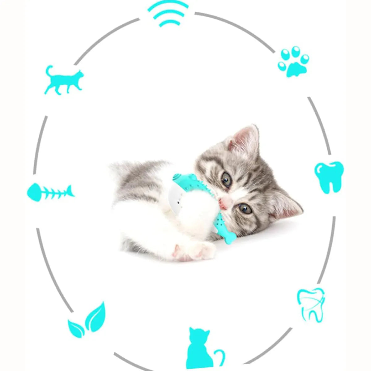 Blue silicone fish-shaped cat chew toy for dental cleaning and interactive play