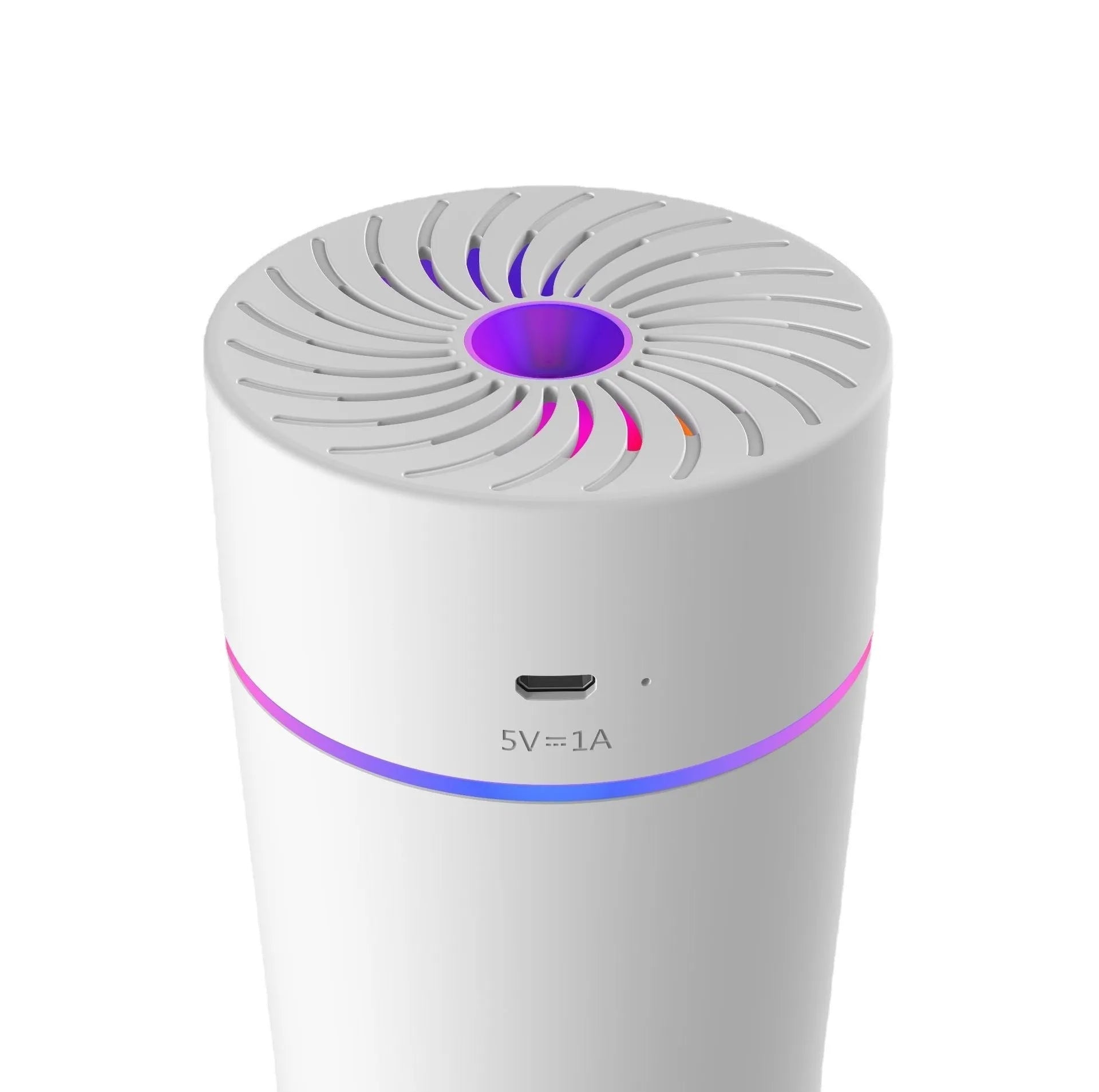 Compact white car humidifier with USB cable connection and essential oil aromatherapy function