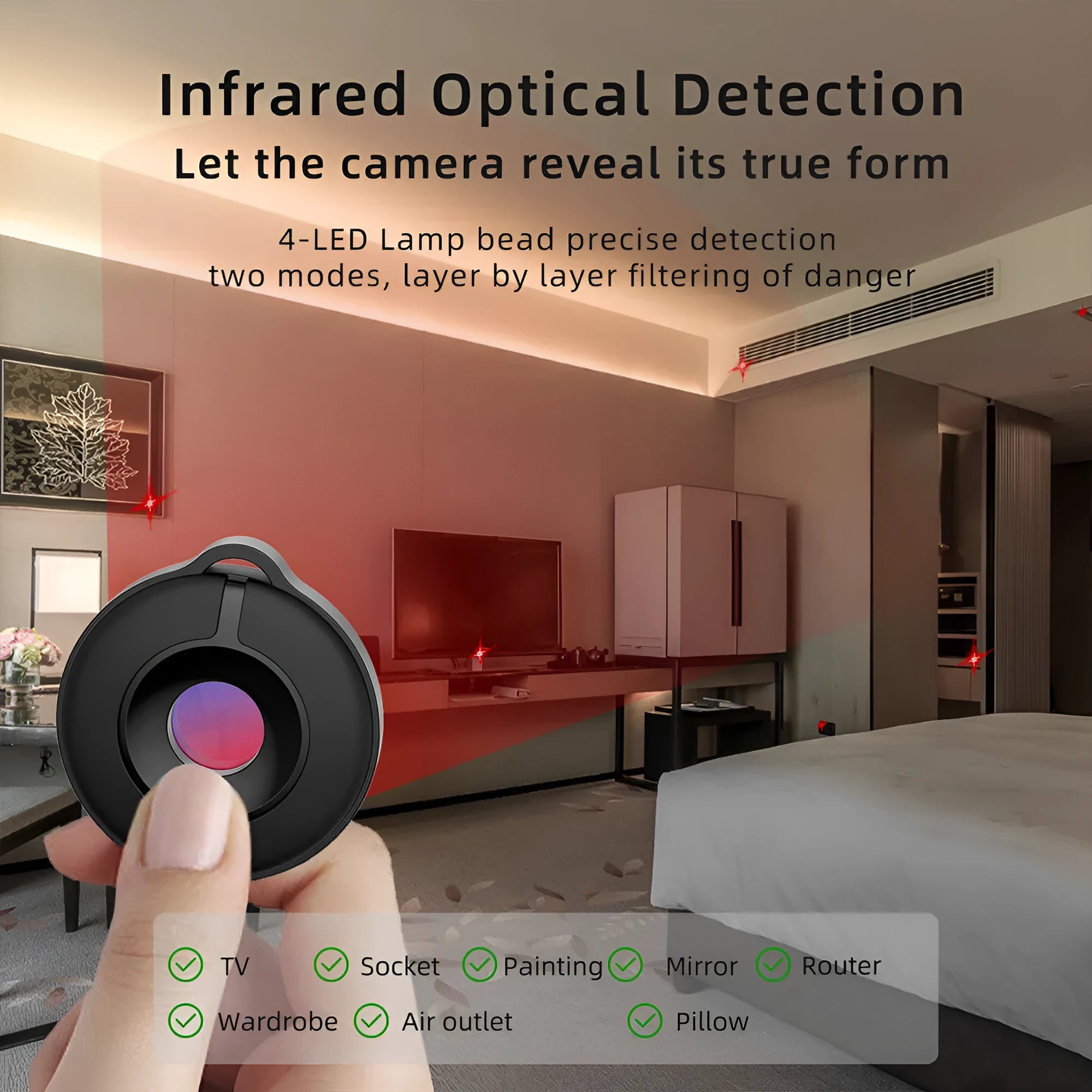 Compact infrared camera detector for hidden camera detection with 5-metre range