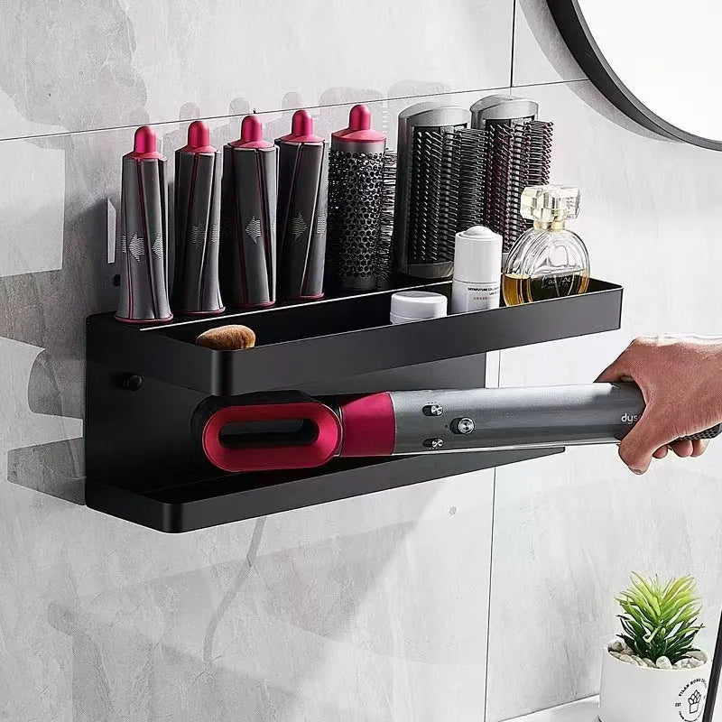 White double-layer aluminium bathroom storage rack for hair curlers mounted on a wall.