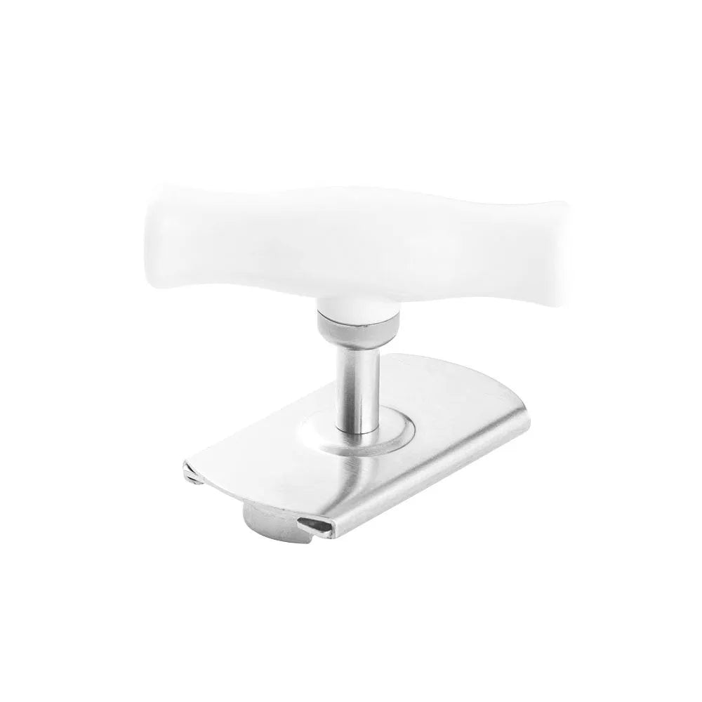 White adjustable stainless steel bottle opener with PP handle showing gear mechanism