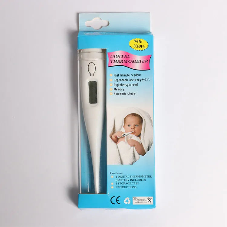 White electronic thermometer 12.5 x 2 cm made from PP plastic for oral underarm or rectal temperature measurement