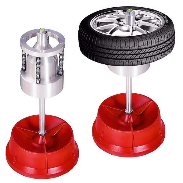 Portable wheel balancer with aluminium head and bull's eye level on enamel-finished base