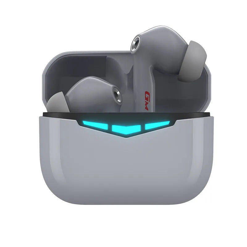 True wireless Bluetooth in-ear gaming headphones with charging case, shown in black colour.