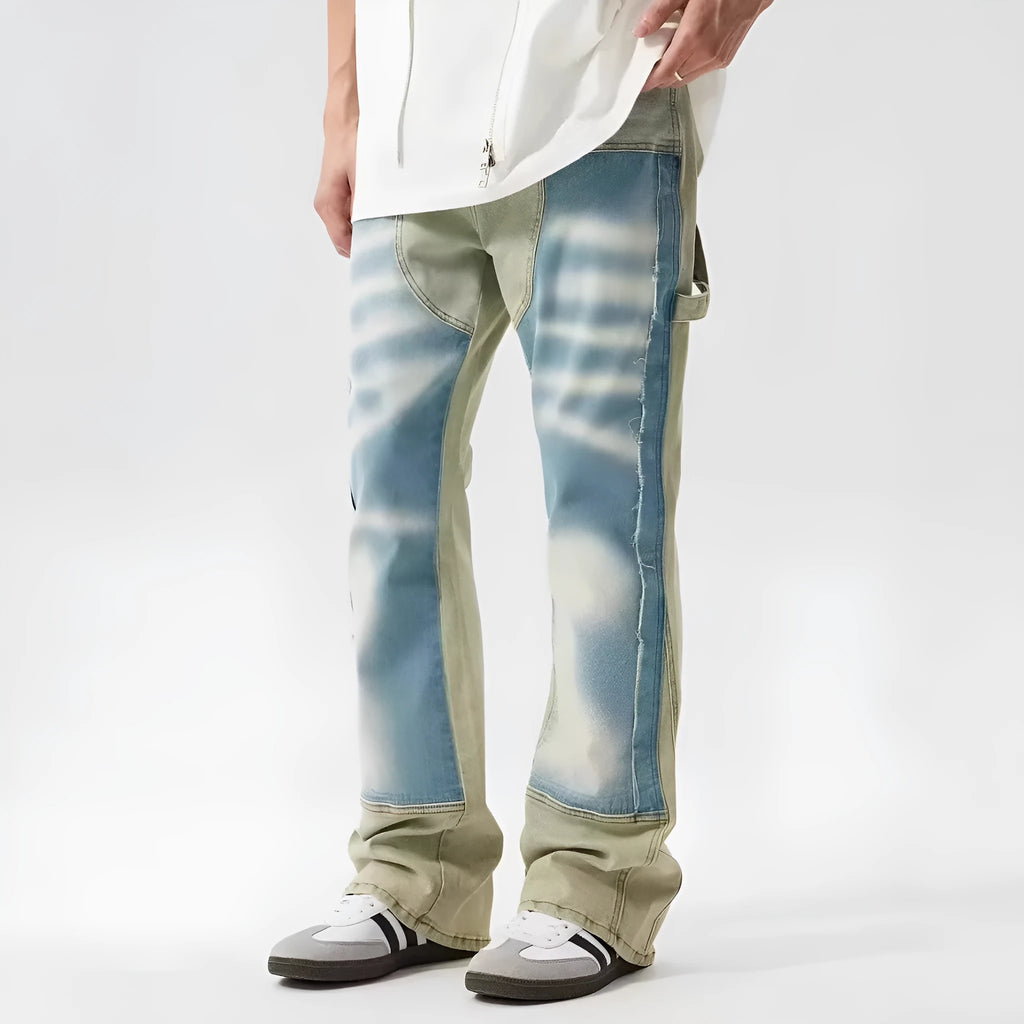 Yellow and blue retro patchwork jeans with splash-ink damaged design on denim