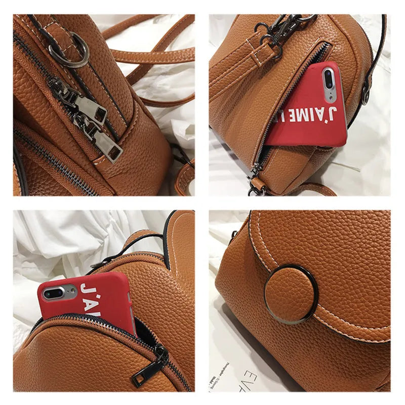 Fashion mini backpack in PU leather, compact 20x23x8 cm size, available in black and brown, with soft handle and zippered interior