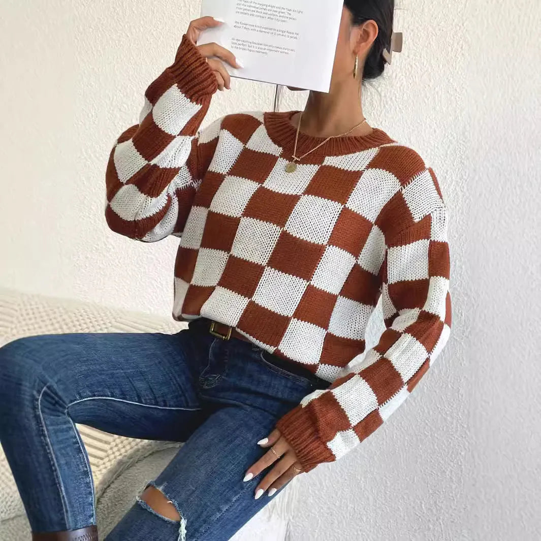 Dark brown acrylic pullover sweater with chessboard plaid pattern and loose fit