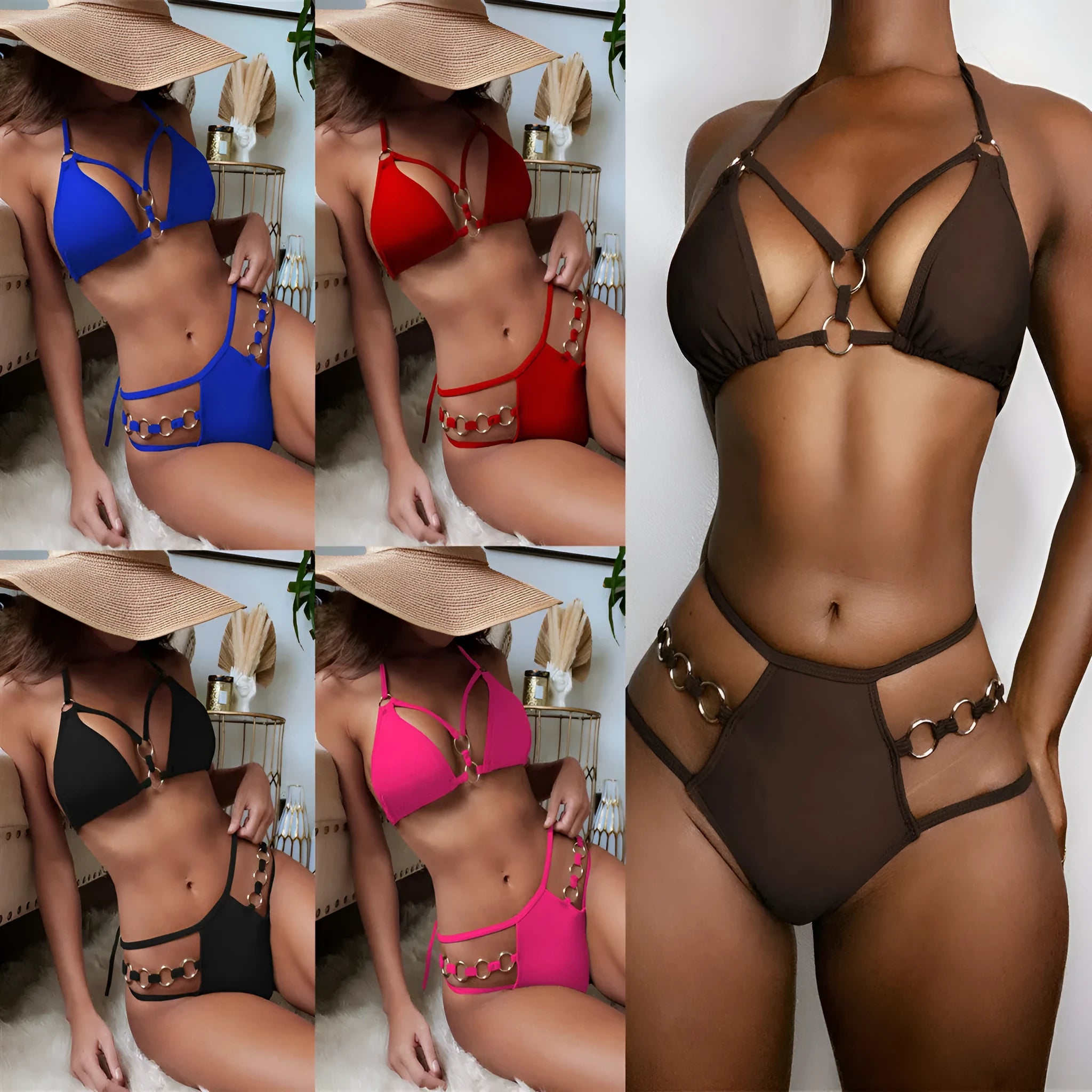 Women's pure colour separated bikini set in red, black, brown, rose red, or royal blue.