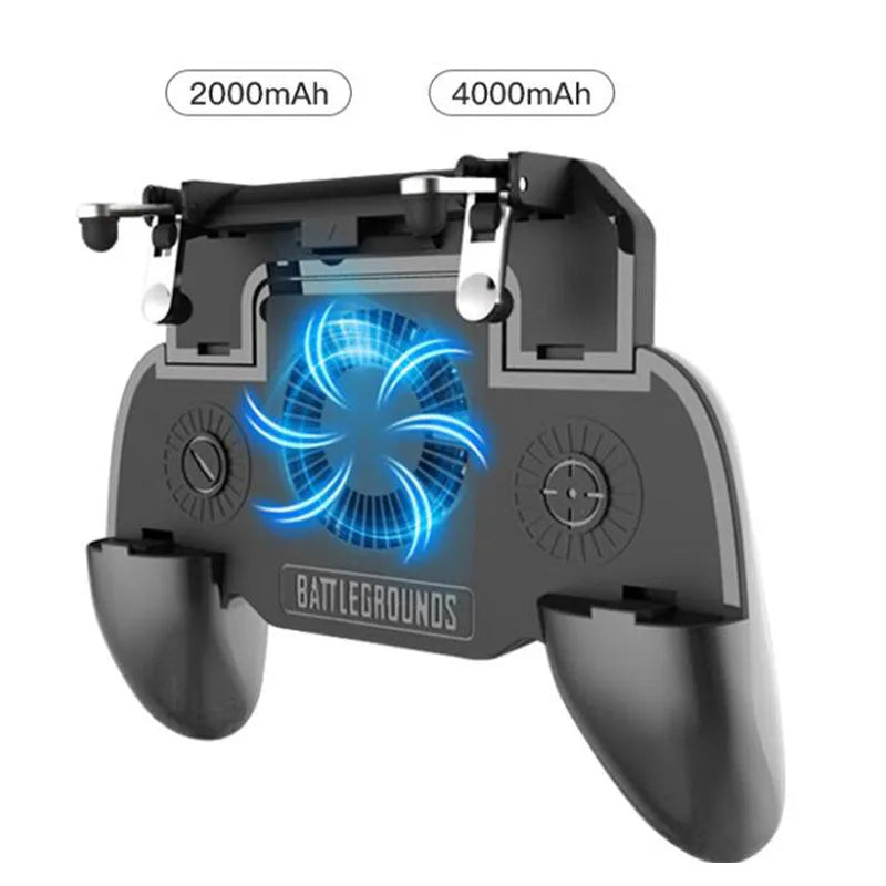 Black mobile game controller for smartphones with aluminium alloy trim and action buttons.