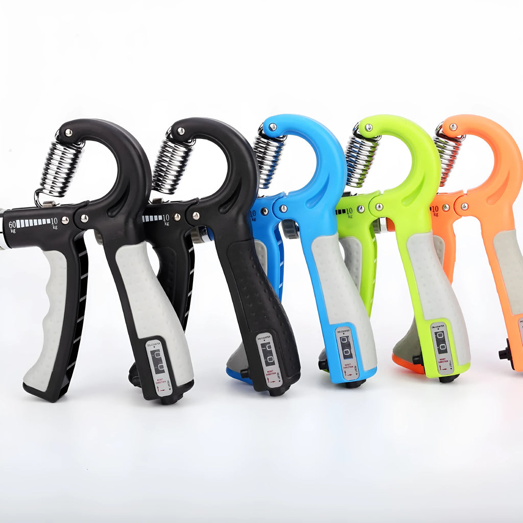Black adjustable hand grip with mechanical counter, ABS and stainless steel, 16cm by 12cm