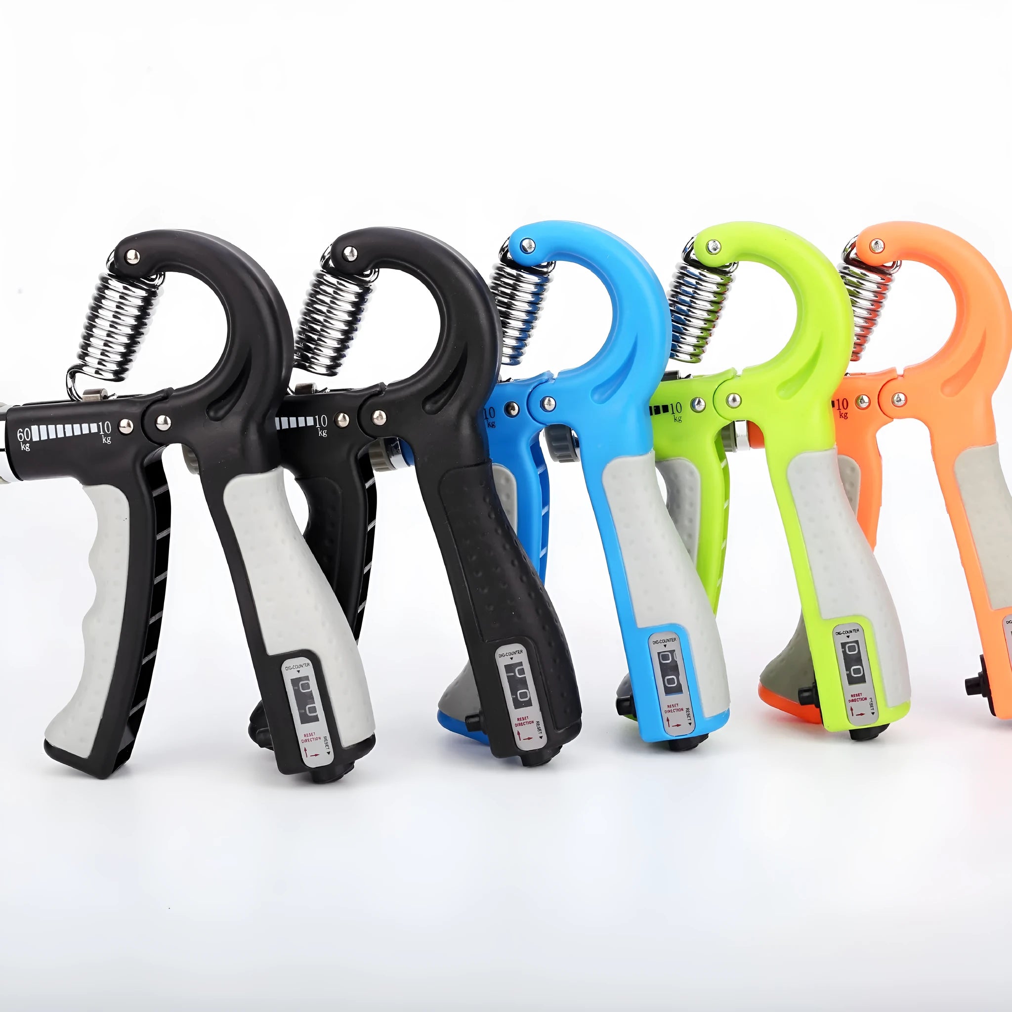 Black adjustable hand grip with mechanical counter, ABS and stainless steel, 16cm by 12cm
