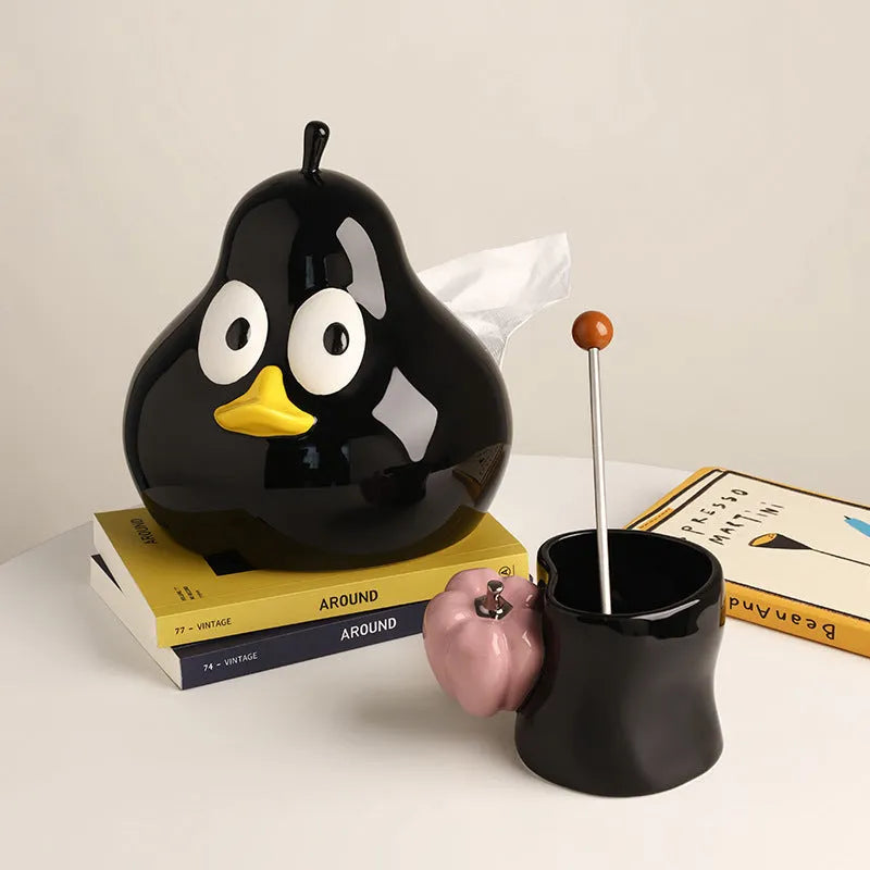 Ceramic pear-shaped tissue box holder in white porcelain with animal design for desktop use