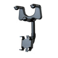 Black rearview mirror car phone holder with telescopic arm and four-claw phone grip in 360-degree rotation.