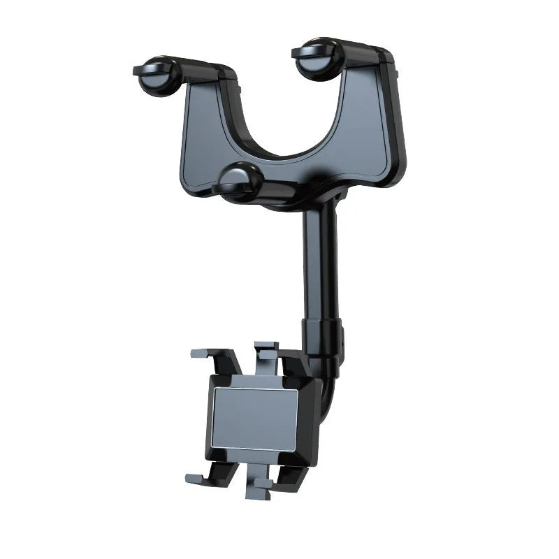 Black rearview mirror car phone holder with telescopic arm and four-claw phone grip in 360-degree rotation.