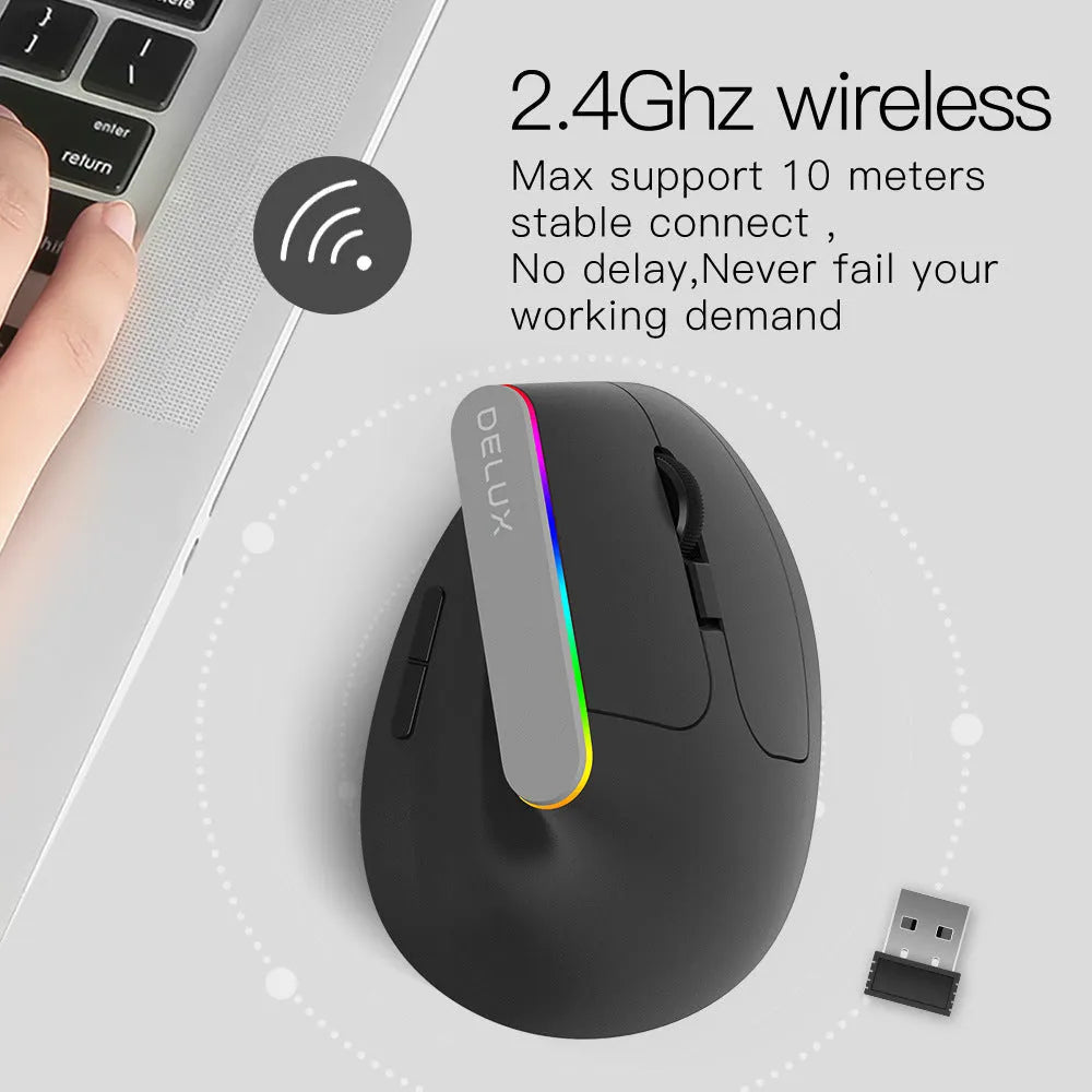 M618C black and white vertical ergonomic wireless computer mouse with RGB lighting