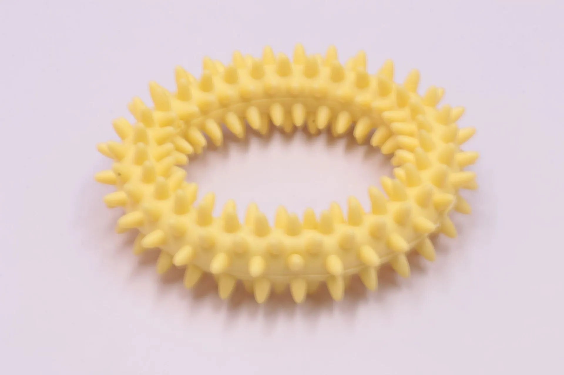 Blue TPR spiked ring dog chew toy for dental cleaning and bite training on a white background.