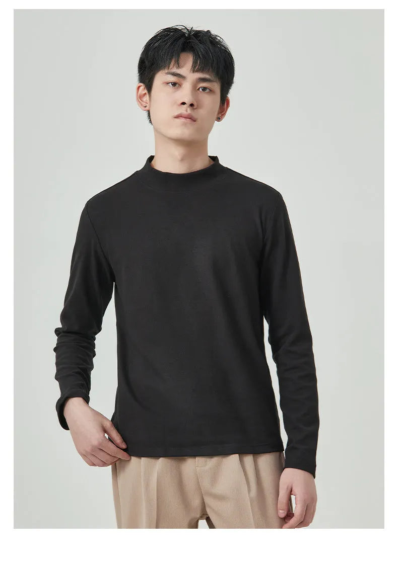 Man wearing a beige half-high collar long-sleeved T-shirt for casual autumn winter wear