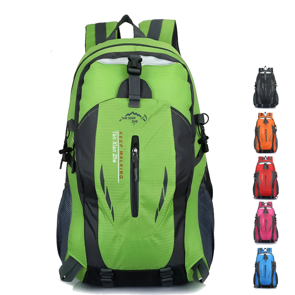 Large black waterproof Oxford cloth travel backpack showing laptop compartment and dual strap design
