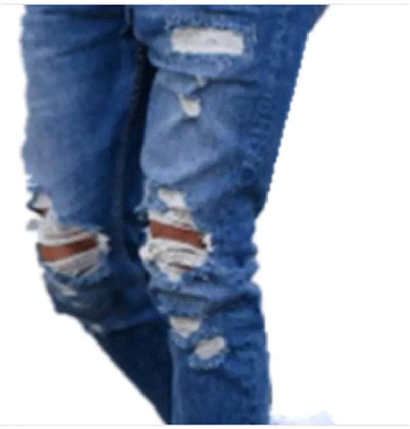 Men's deep blue cotton jeans with hole distressing, shown flat