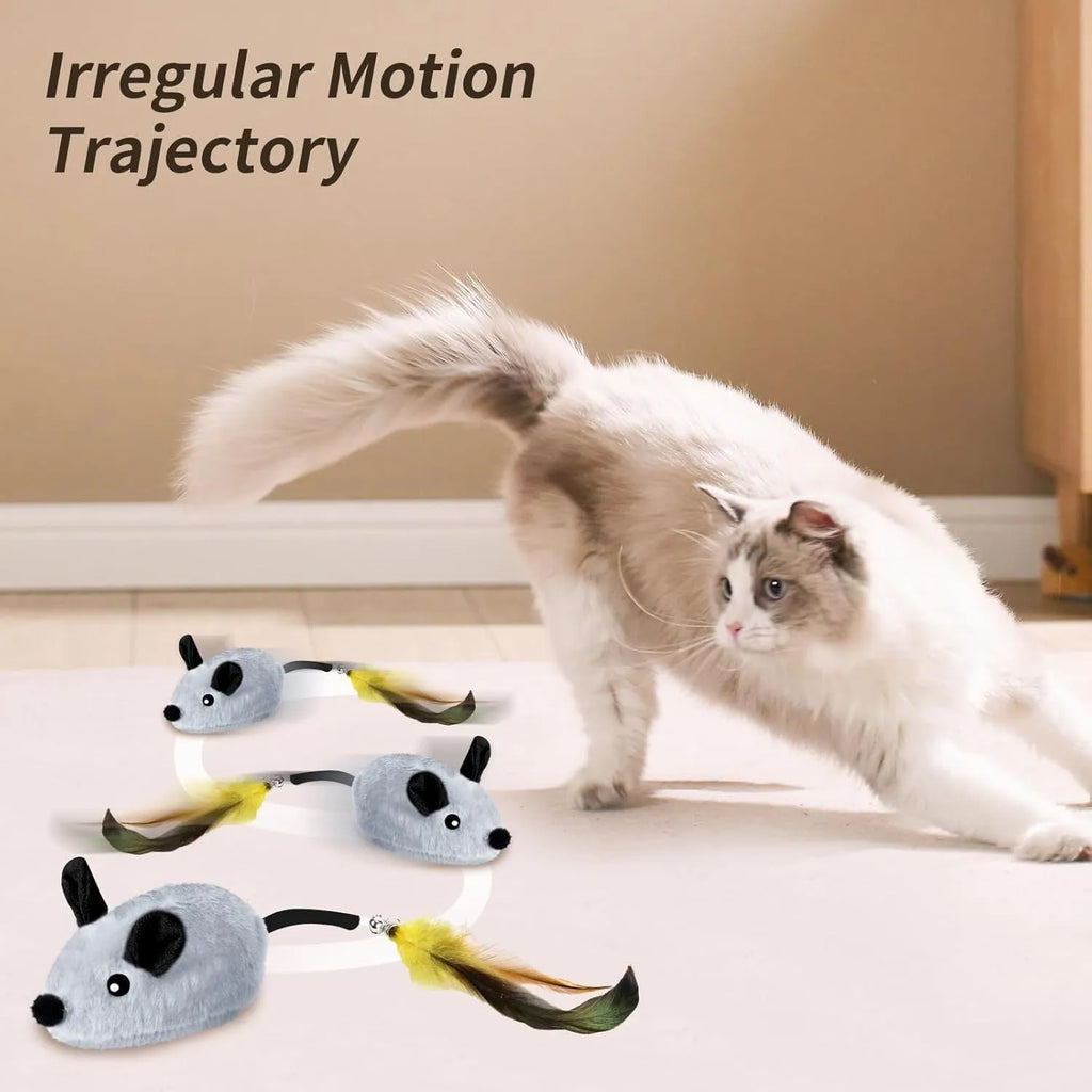Grey and yellow automatic cat mouse toy with feather tail and LED lights