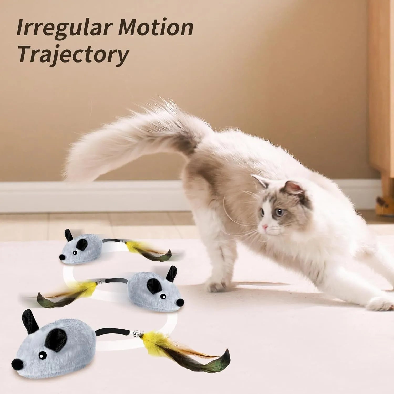 Grey and yellow automatic cat mouse toy with feather tail and LED lights
