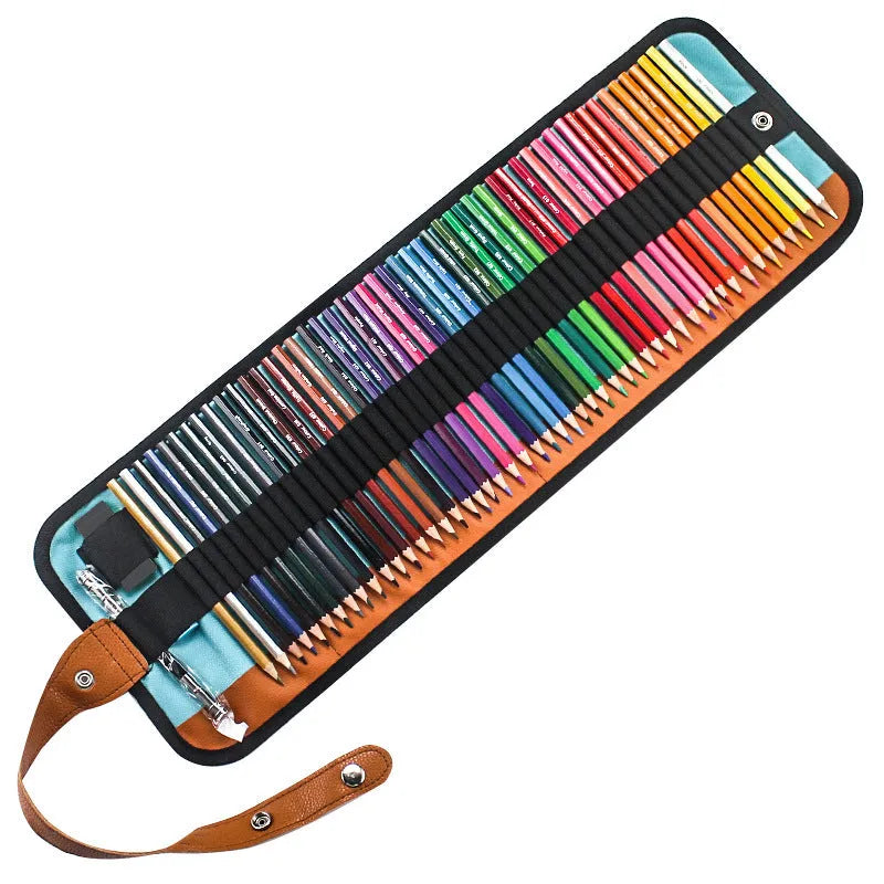 Set of 50 wooden coloured pencils for painting in a basswood storage case, showing vibrant colours.