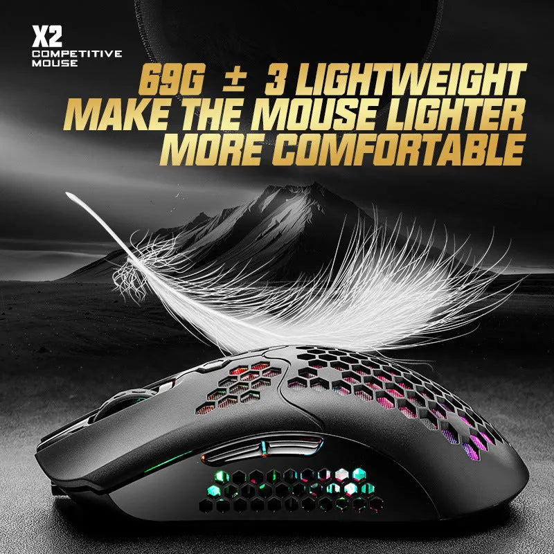 Free Wolf X2 wireless gaming mouse with RGB lighting in multiple colour options on a desk.