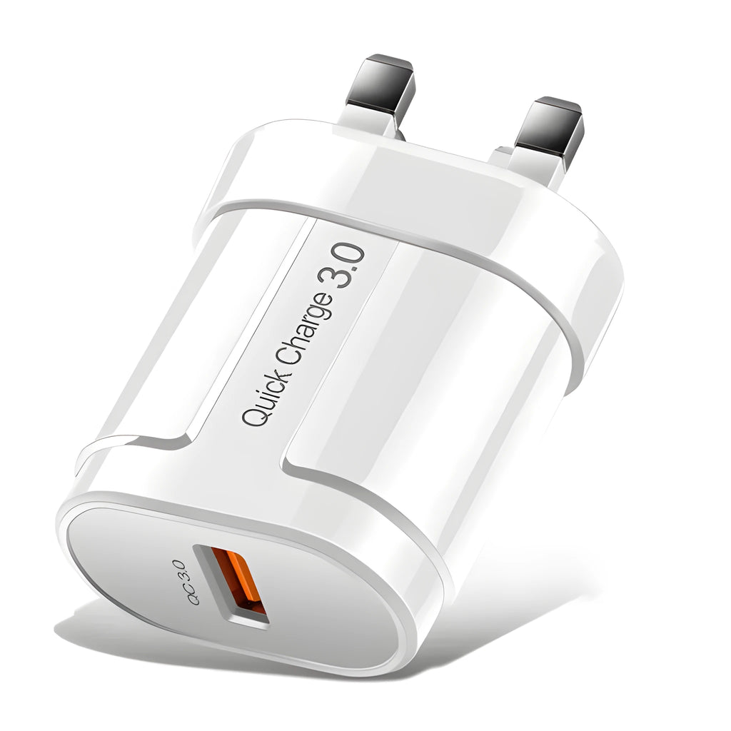 White smart phone charger with UK plug showing compact 20x40x65mm dimensions