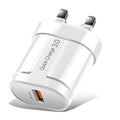 White smart phone charger with UK plug showing compact 20x40x65mm dimensions