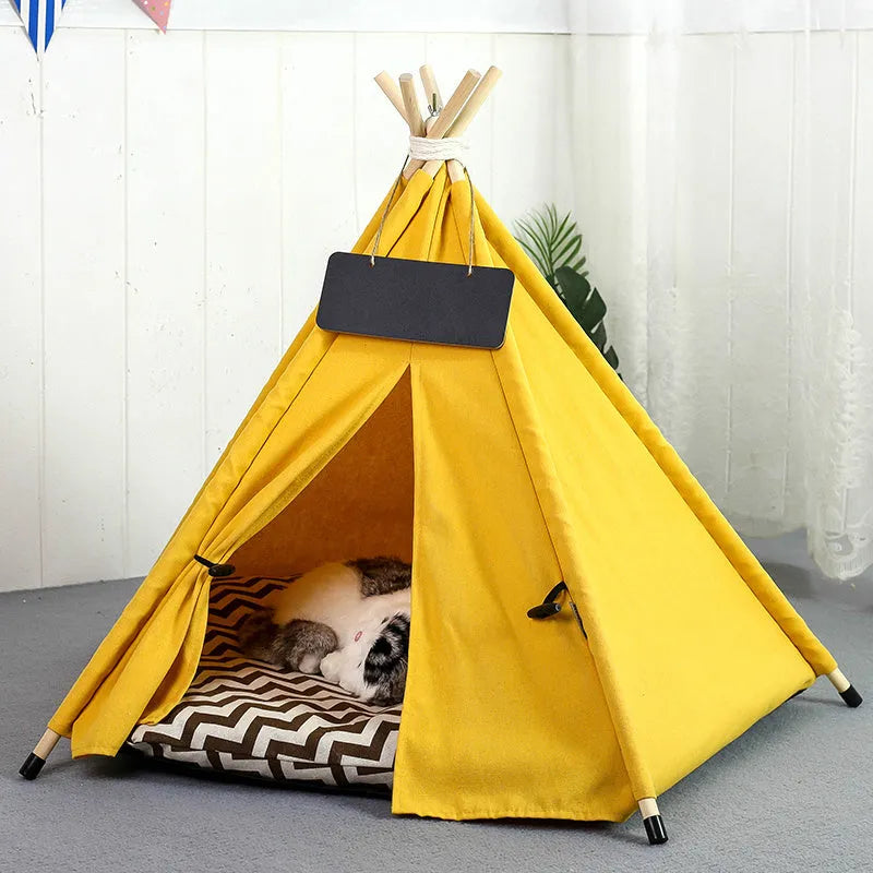 Portable pet teepee tent bed for small dogs or cats with striped flax linen cover and cushion