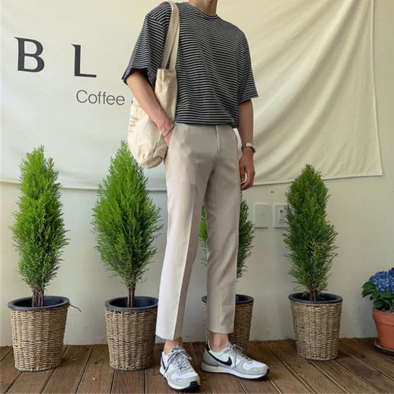 Men's slim straight cotton trousers in black, grey, or khaki with drawstring waist