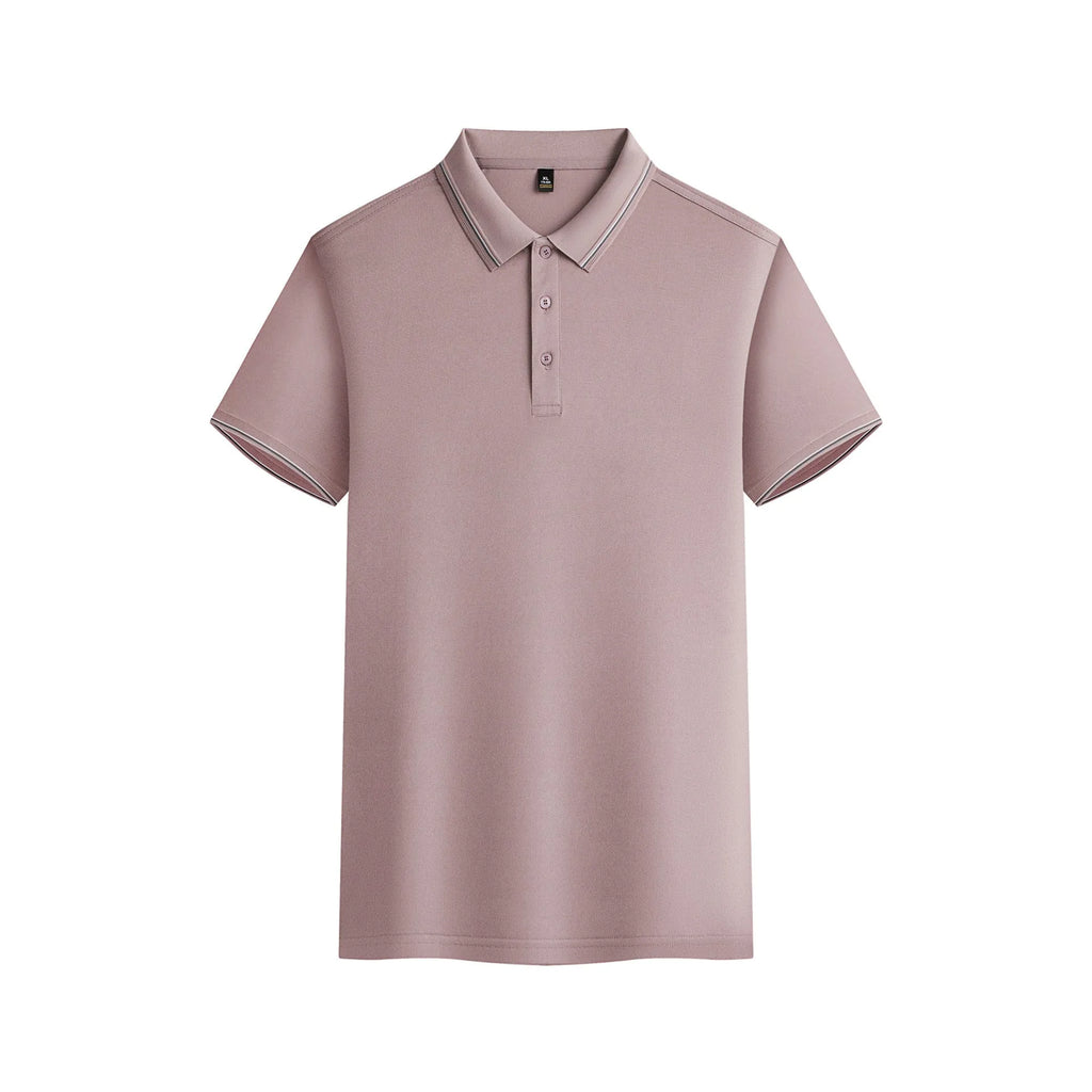 Men's solid colour short-sleeved polo shirt in polyester fabric on a hanger.