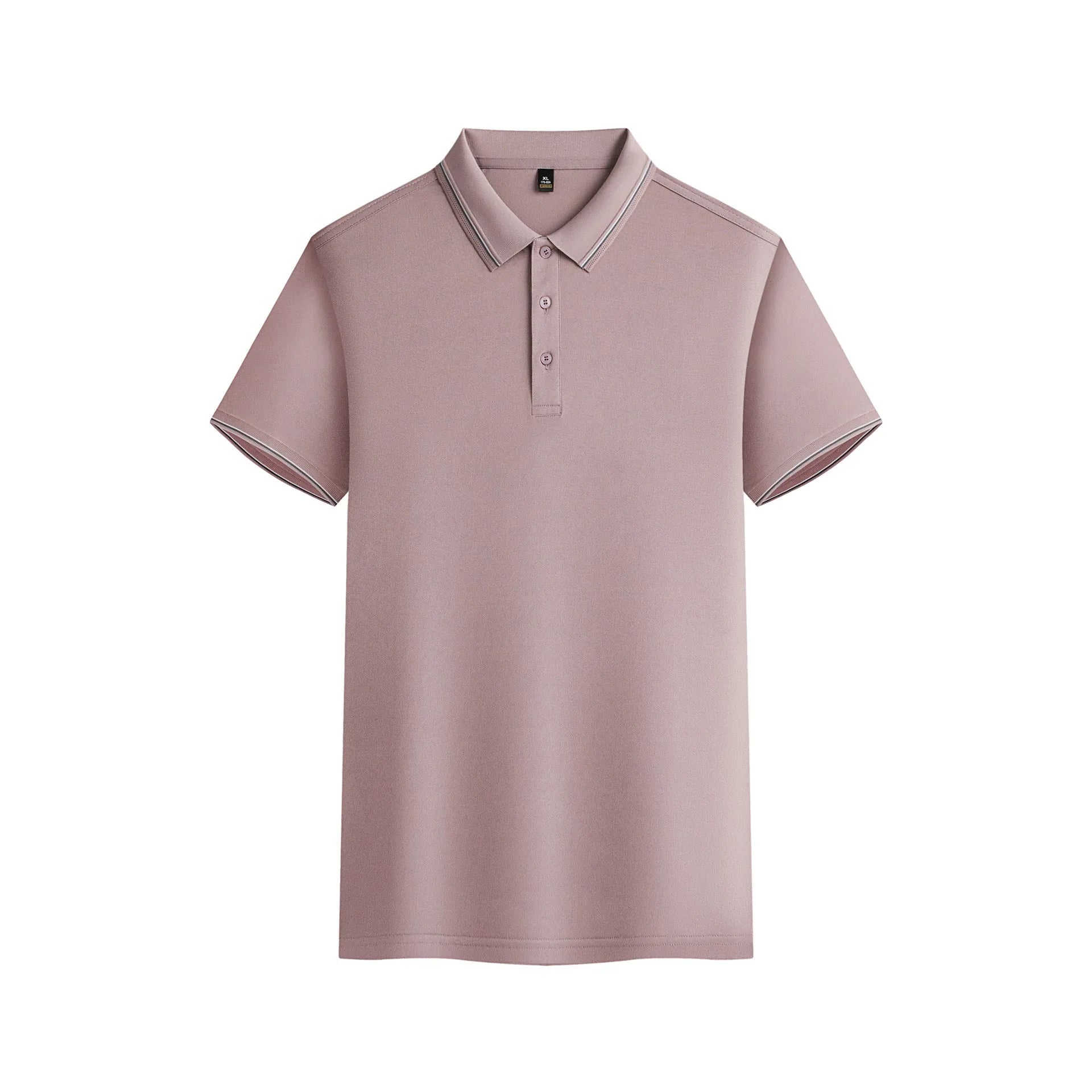 Men's solid colour short-sleeved polo shirt in polyester fabric on a hanger.