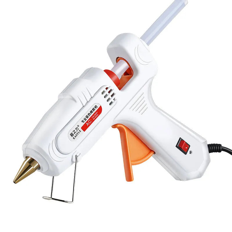 White electric hot melt glue gun with safety switch, anti-heat guard, and metal stability bracket
