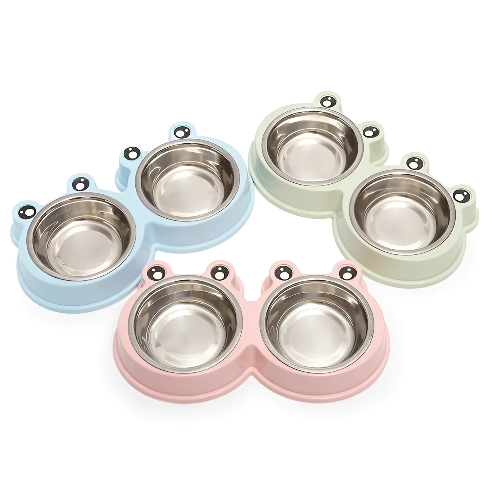 Stainless steel frog design pet bowl with separate food and water compartments in blue, green, and pink colour options