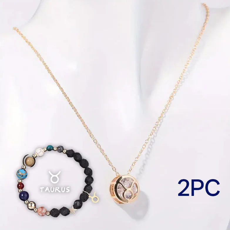 Natural stone beaded necklace and matching bracelet set on a neutral background.