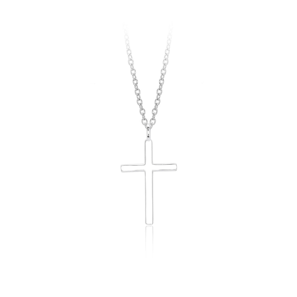 S925 sterling silver necklace with glossy cross pendant on an adjustable O-chain in gold, platinum, or rose gold finish.