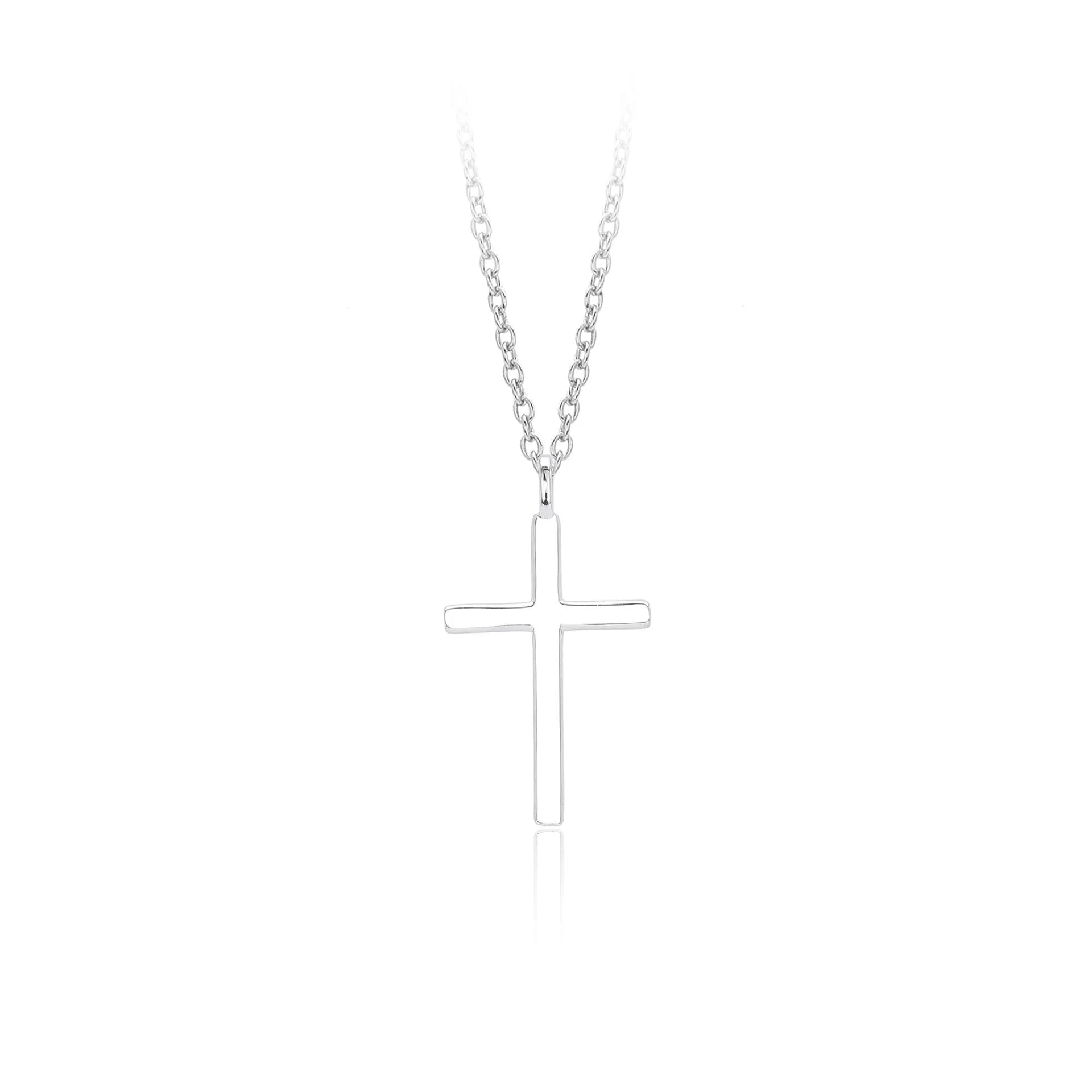 S925 sterling silver necklace with glossy cross pendant on an adjustable O-chain in gold, platinum, or rose gold finish.