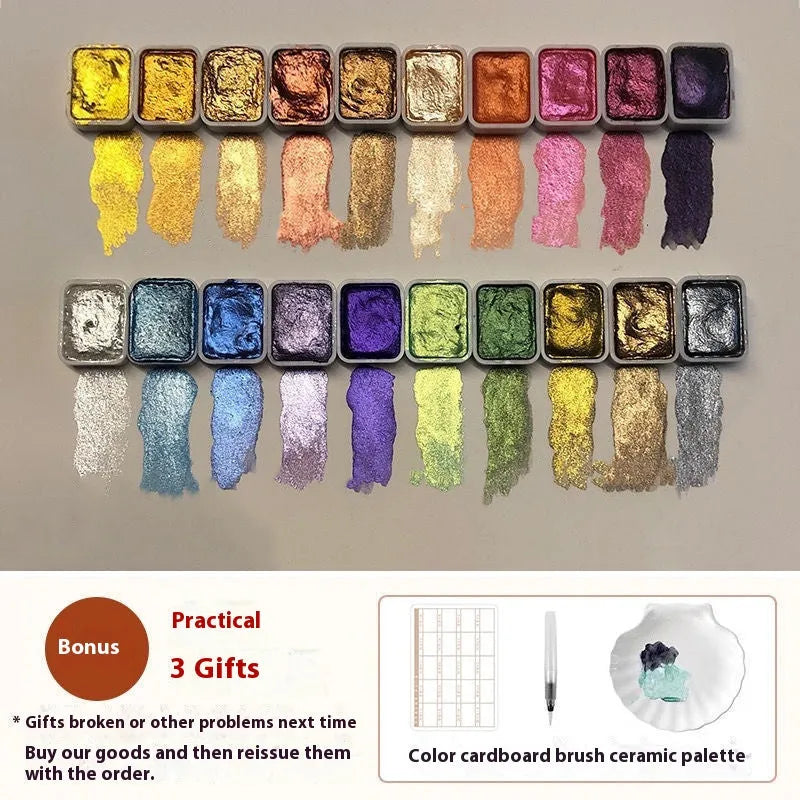 Traditional Chinese painting mineral pearlescent watercolour set showing tubes of warm colours, cold colours, and metallic red and white gold pigments.