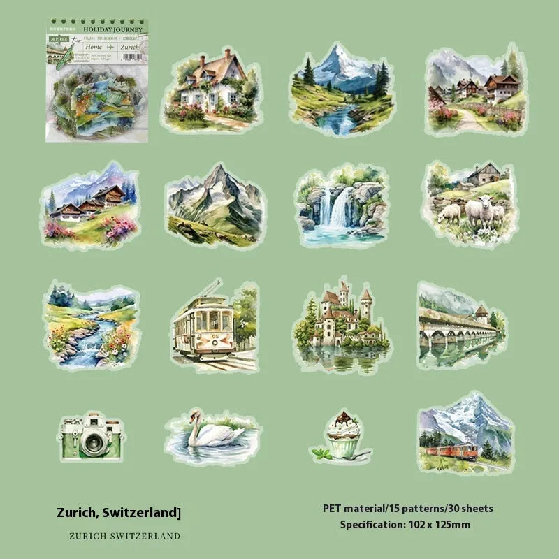 Holiday Journey series architecture journal stickers showing six landmark designs