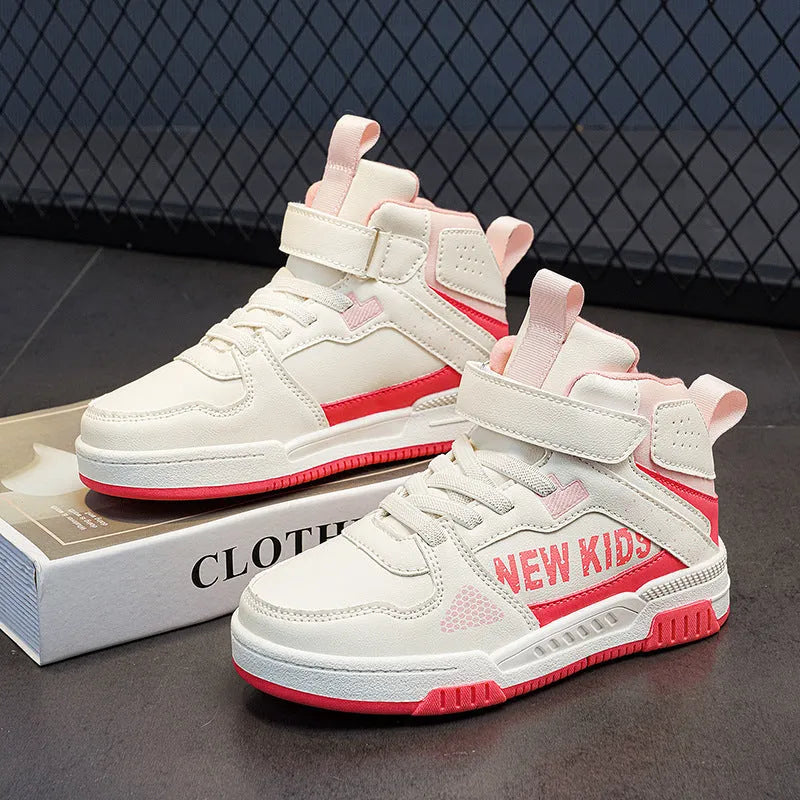 Children's buckle closure sneakers with letter pattern in beige green, blue, white powder, and white & purple colours