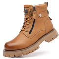 Men's brown leather high-top boots with side zip and mid heel
