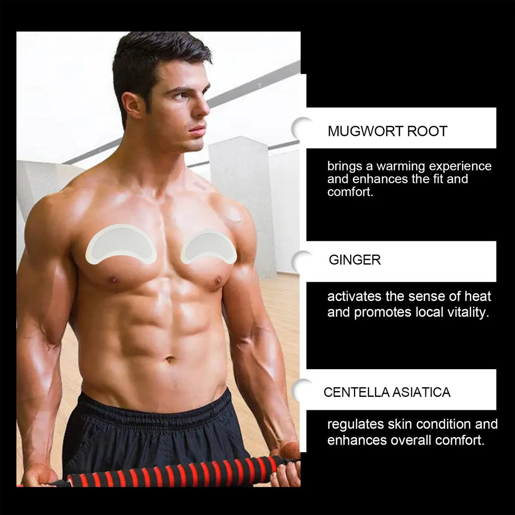 Pack of four thin men's figure control chest patches containing Mugwort, Ginger, and Centella Asiatica extracts.