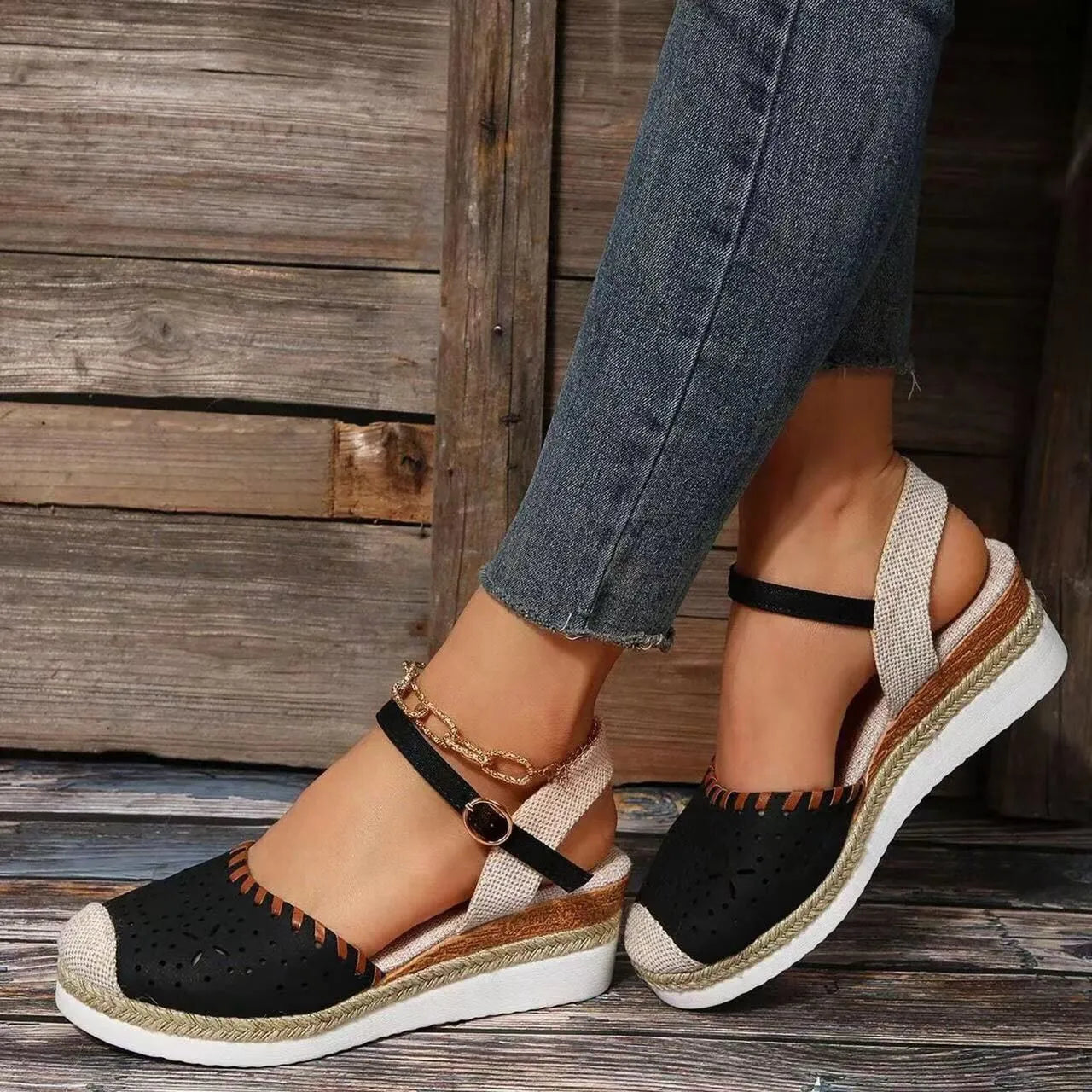 Women's hemp rope platform casual wedge shoes in multiple colour options showing round toe design