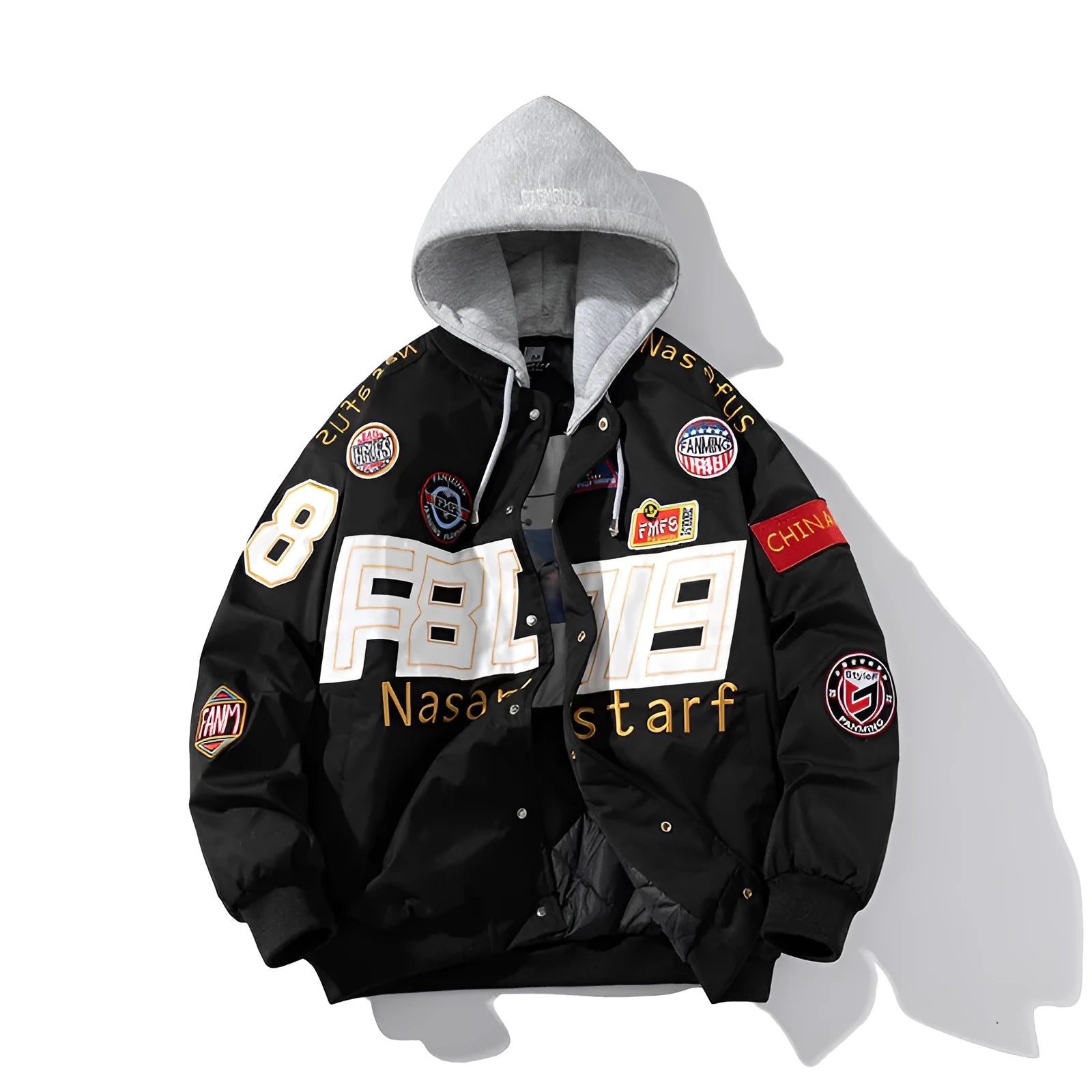 Motorcycle baseball uniform jacket in black, red or blue with removable hood options