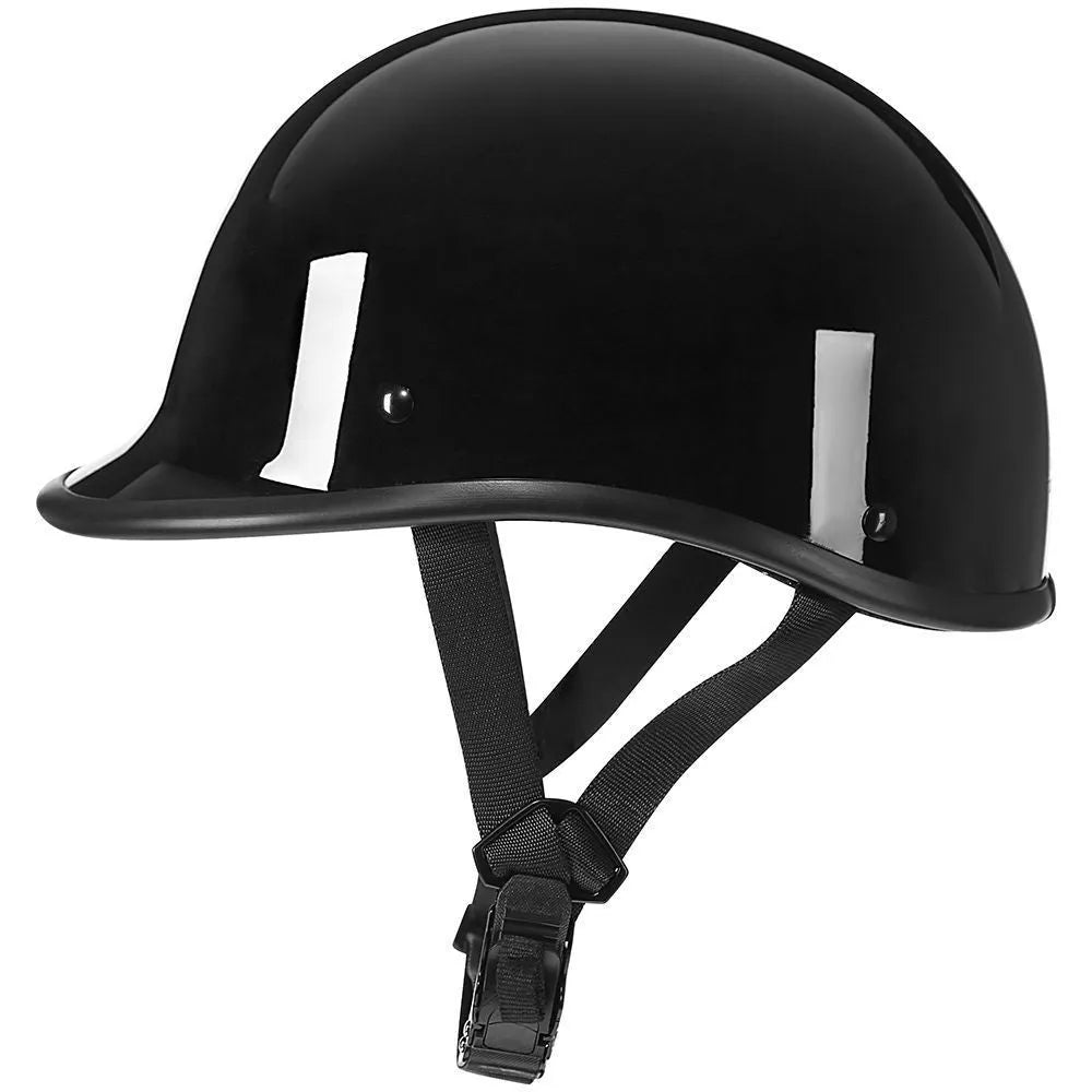 Retro-style motorcycle helmet in ABS plastic shown in matte black finish, suitable for unisex riders.
